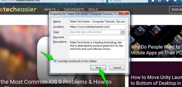 Установка опции «Загружать эту закладку в боковой панели»
