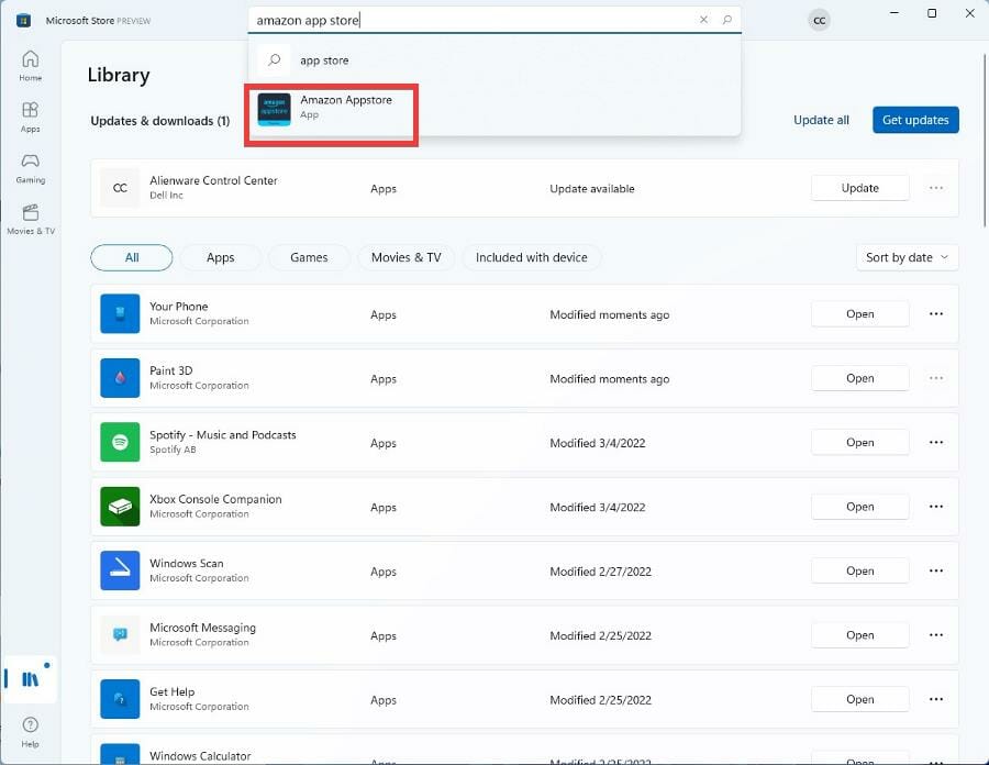 Microsoft Store에서 Amazon Appstore 검색 결과 예시