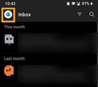Tapping profile icon in Outlook app for Android.