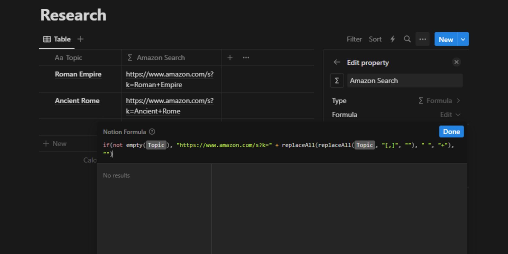 Скриншот Notion: настройка формулы для Amazon