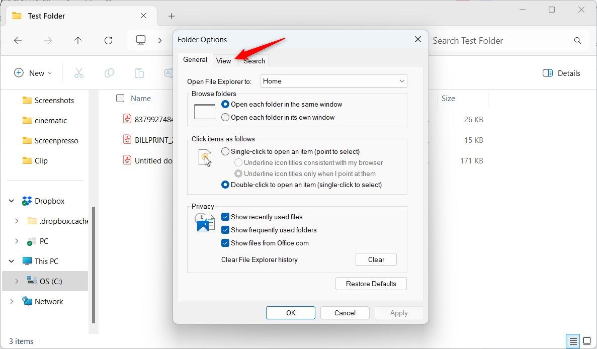 Вкладка View в параметрах папок Windows 11