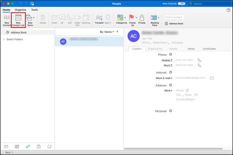 Кнопка Новый список контактов
