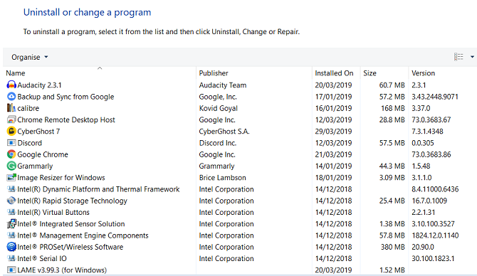 Удаление через Панель управления — список установленных программ