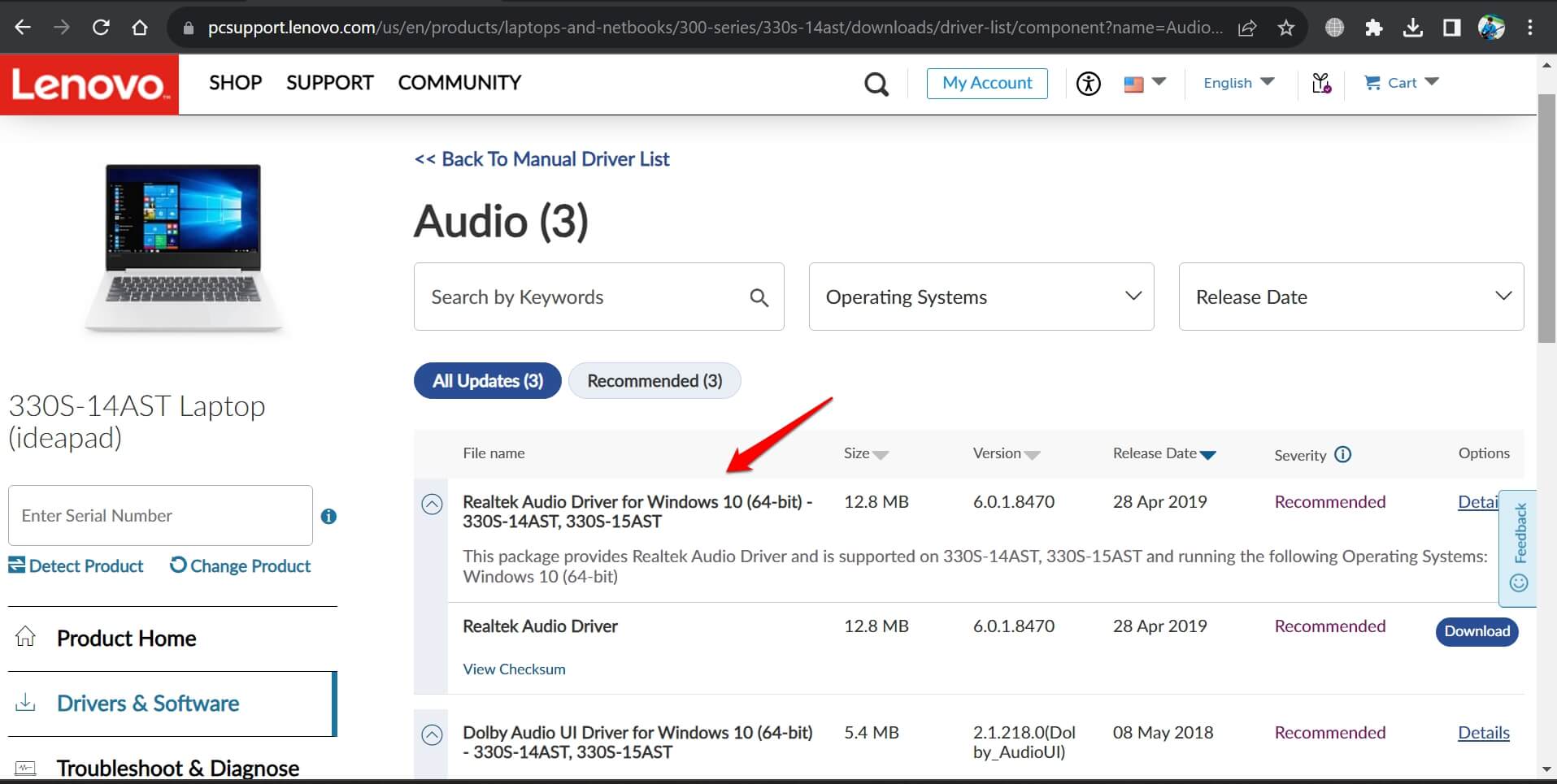 Descargar controlador de audio desde el fabricante del PC