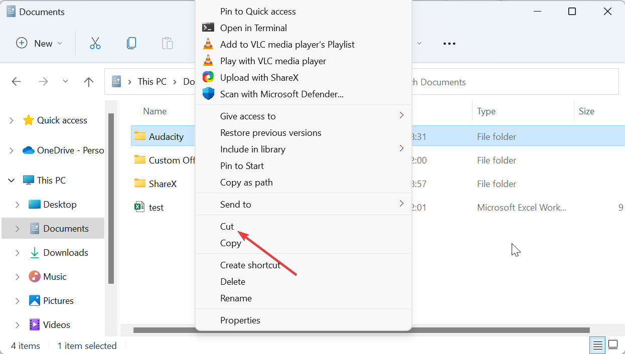 Вариант «Вырезать» в Проводнике Windows