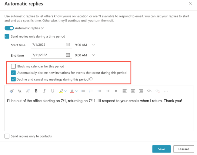 Опции календаря Outlook для периода 