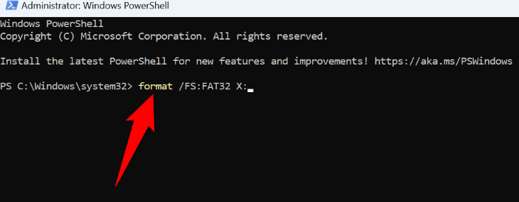 Utilize PowerShell to format a drive in FAT32.