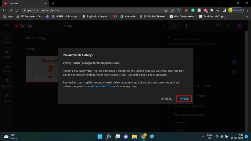 Captura: Confirmación para pausar historial en la web