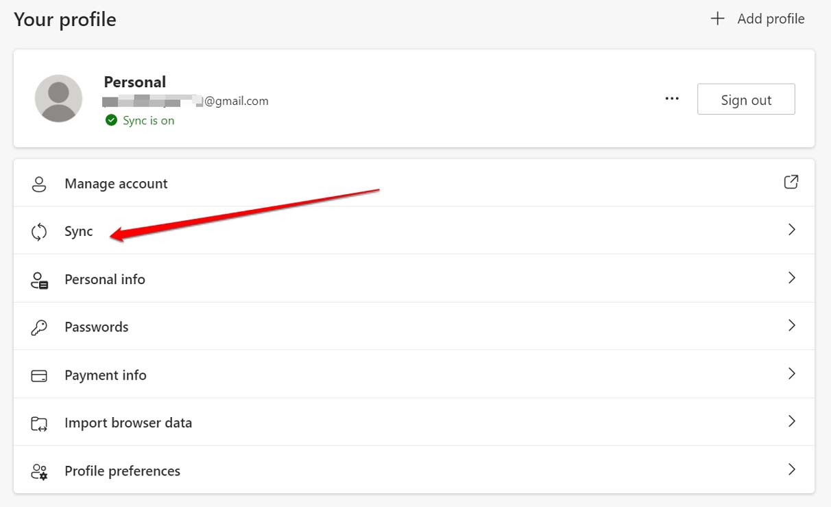 Параметры синхронизации в Edge