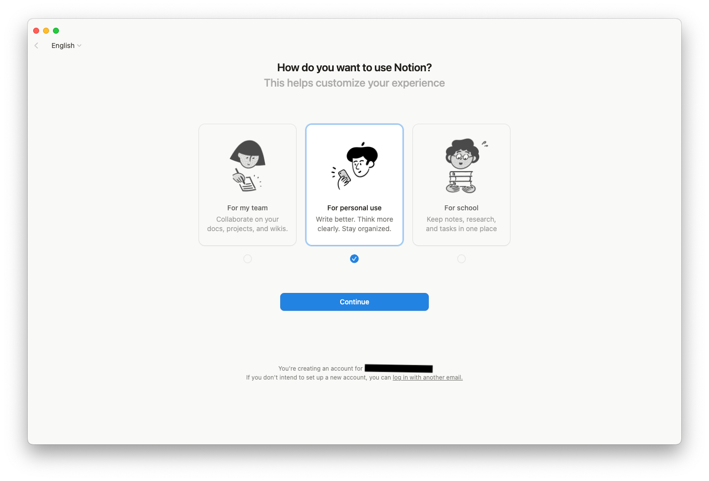 Экран приветствия Notion с выбором способа использования