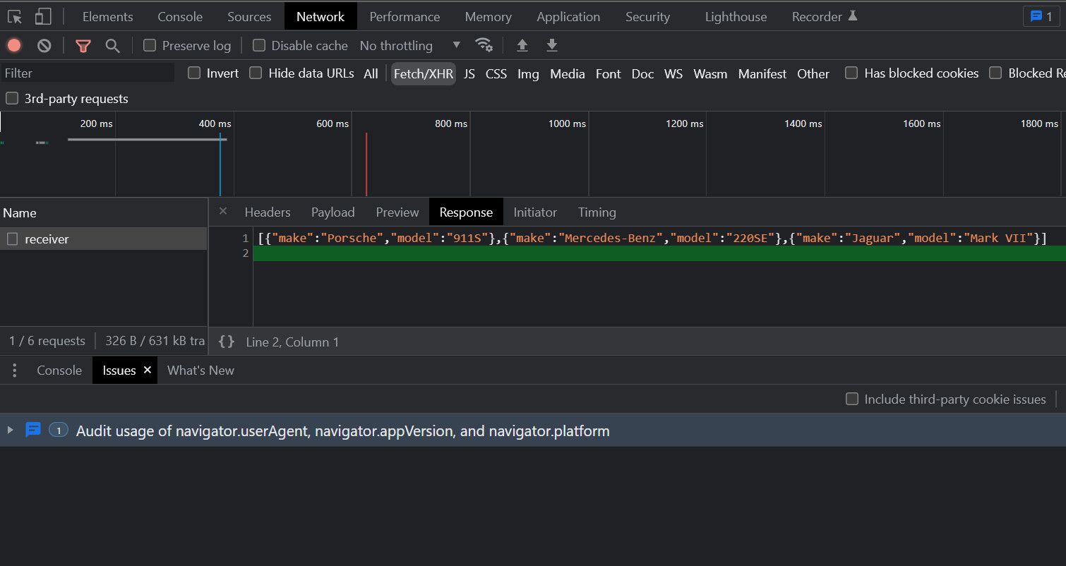 Ответ API в консоли сети браузера