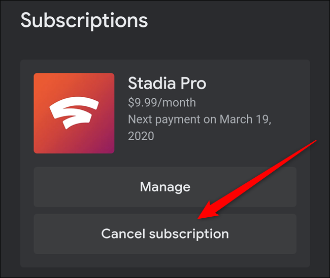 Кнопка «Cancel Subscription» для отмены Stadia Pro