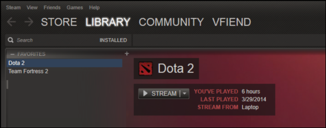 Интерфейс стриминга Steam внутри клиента.