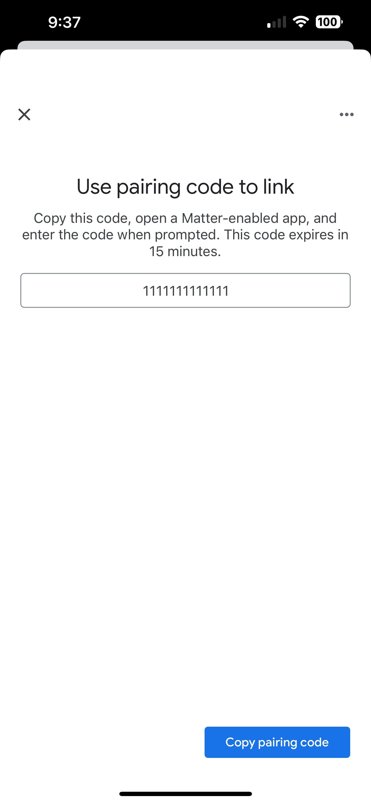 Пример сгенерированного кода Matter в приложении Google Home для iOS