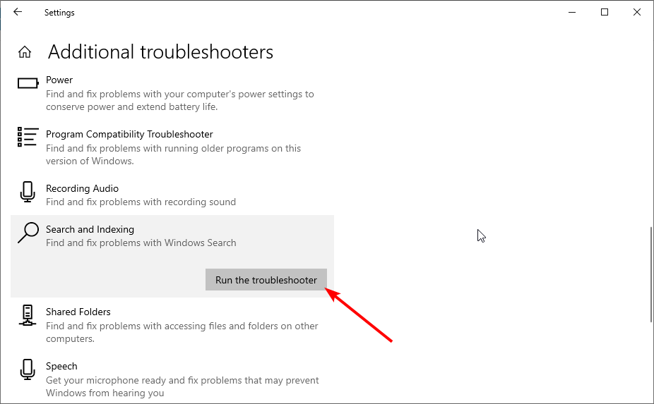 Запуск средства устранения неполадок Поиск и индексирование