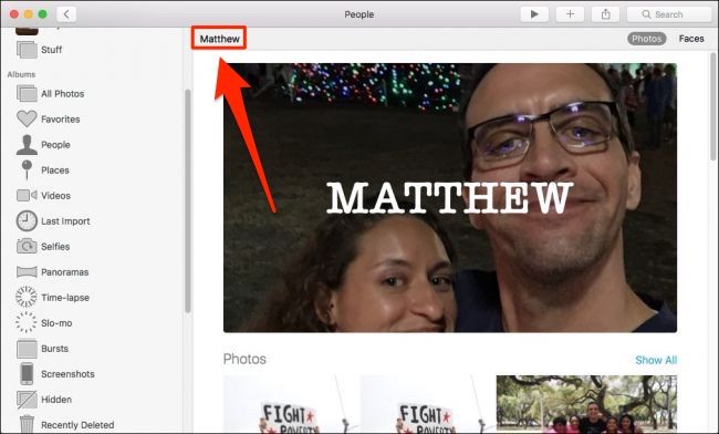 Персональный альбом человека с именем в верхнем левом углу