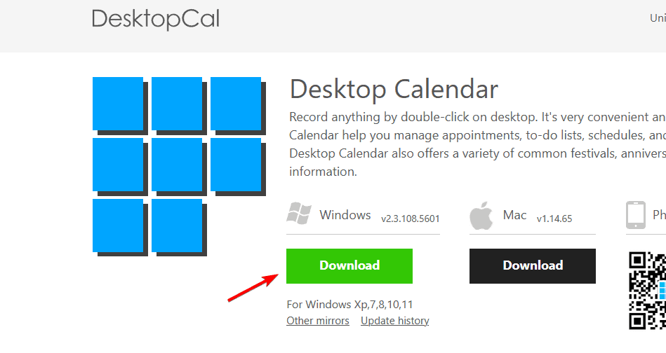 Кнопка загрузки DesktopCal на официальном сайте