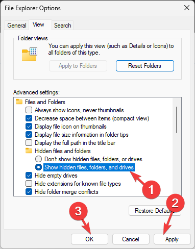Вкладка «Вид» в параметрах Проводника с опцией показа скрытых файлов