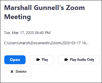 Информация о файле записи: воспроизведение, удаление, открытие папки