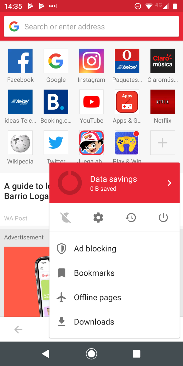 Меню Opera Mini на Android