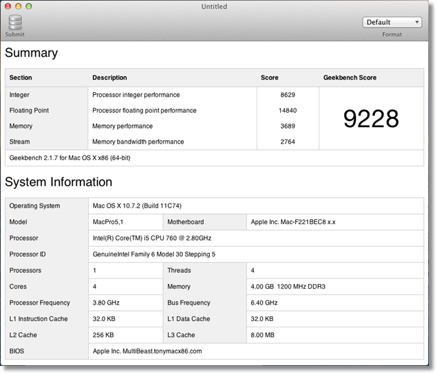 Окно с результатом Geekbench и графиком сравнения систем