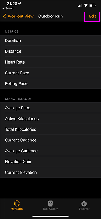 опции настройки в приложении Watch на iPhone