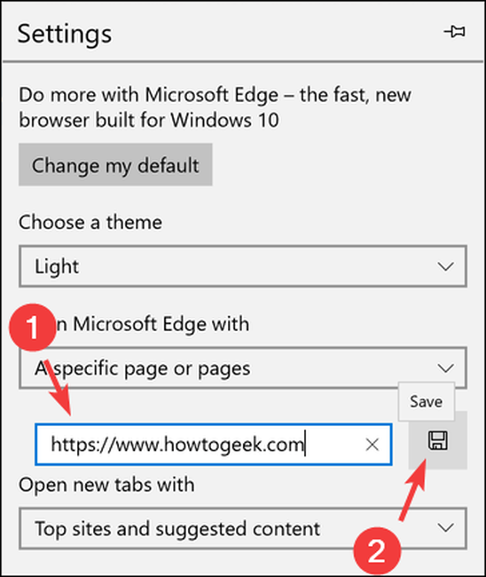 Ввод URL домашней страницы в Edge