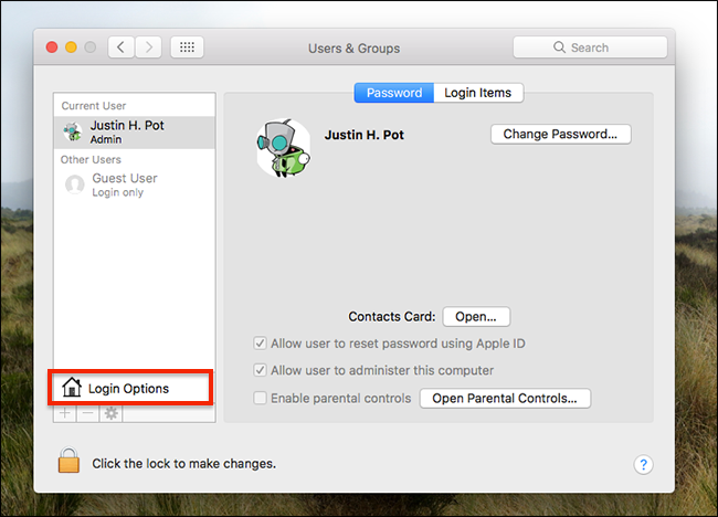 Кнопка параметров входа в настройках пользователей и групп