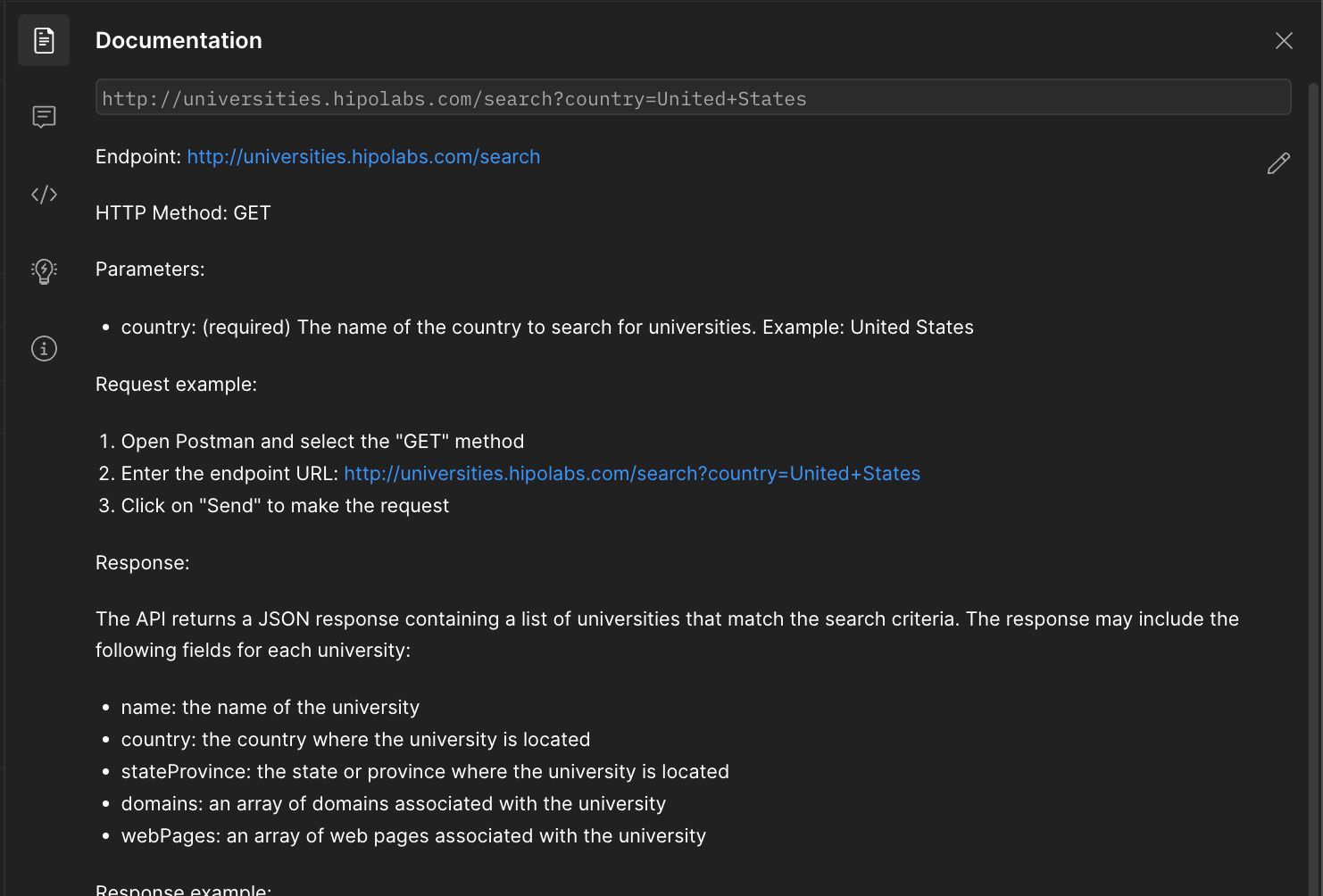 Вид редактора документации в Postman