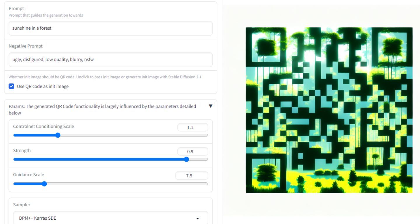 Скриншот интерфейса HuggingFace с сгенерированным QR‑кодом по умолчанию