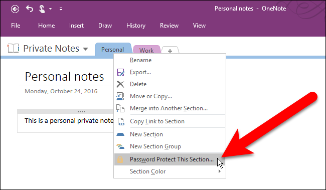 Выбор команды «Защитить этот раздел паролем» в OneNote