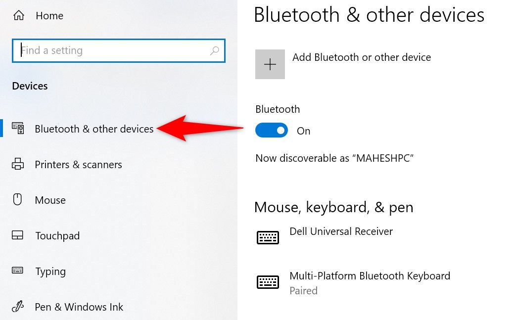 Окно Параметры Windows 10: Bluetooth & Other Devices выделен