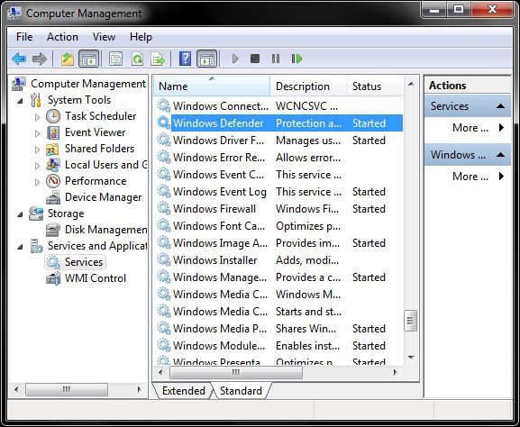 Сервис Windows Defender в оснастке служб Windows