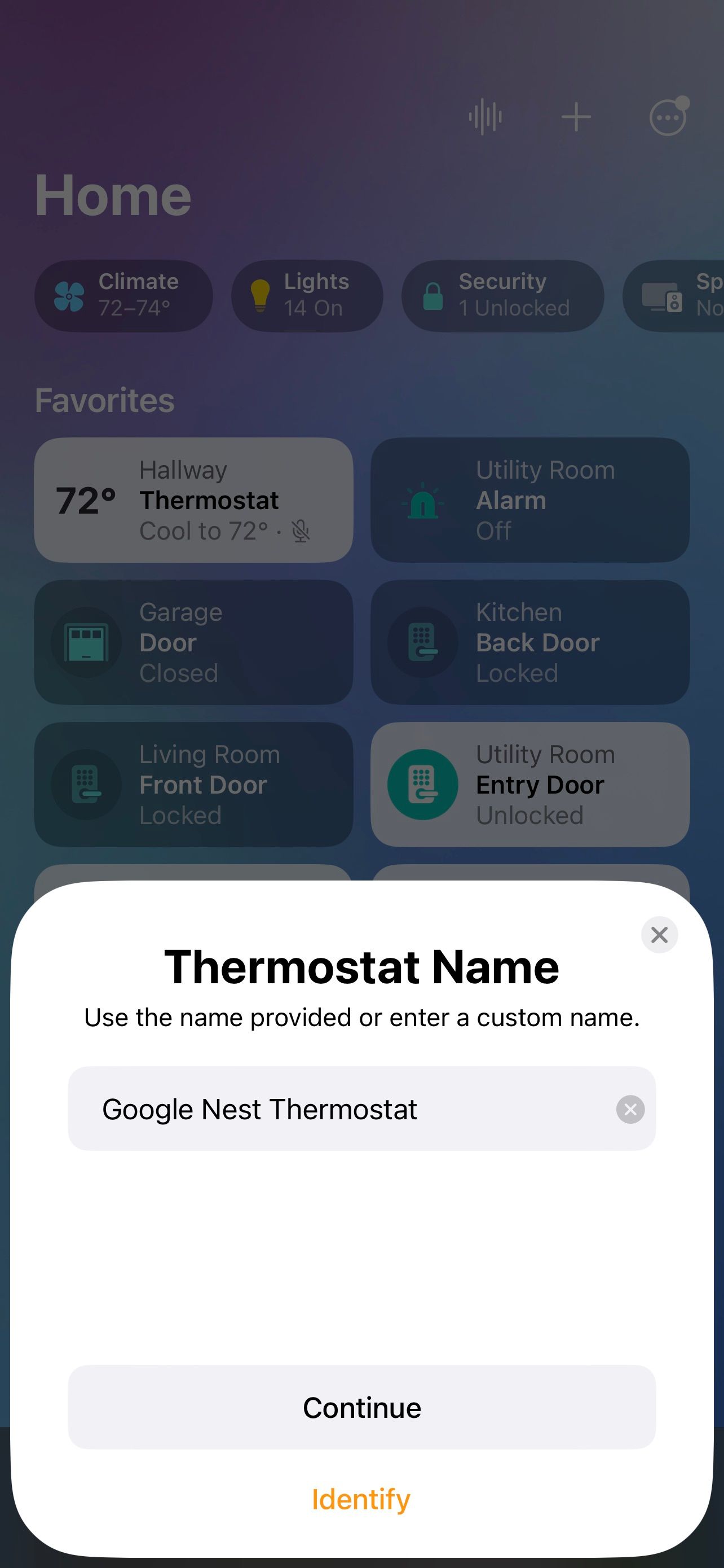 Присвоение имени Nest Thermostat в приложении Дом iOS