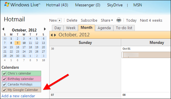 Скриншот: календарь в интерфейсе Windows Live после подписки