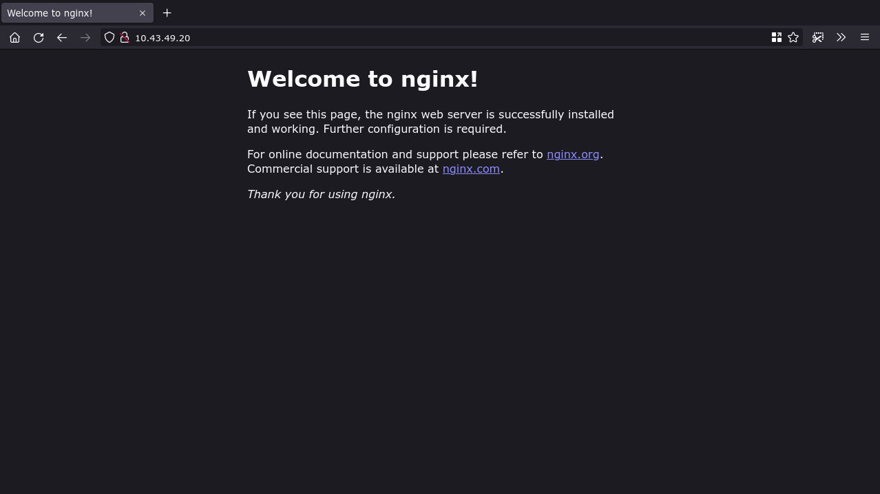 Скриншот страницы приветствия NGINX, запущенной в K3s