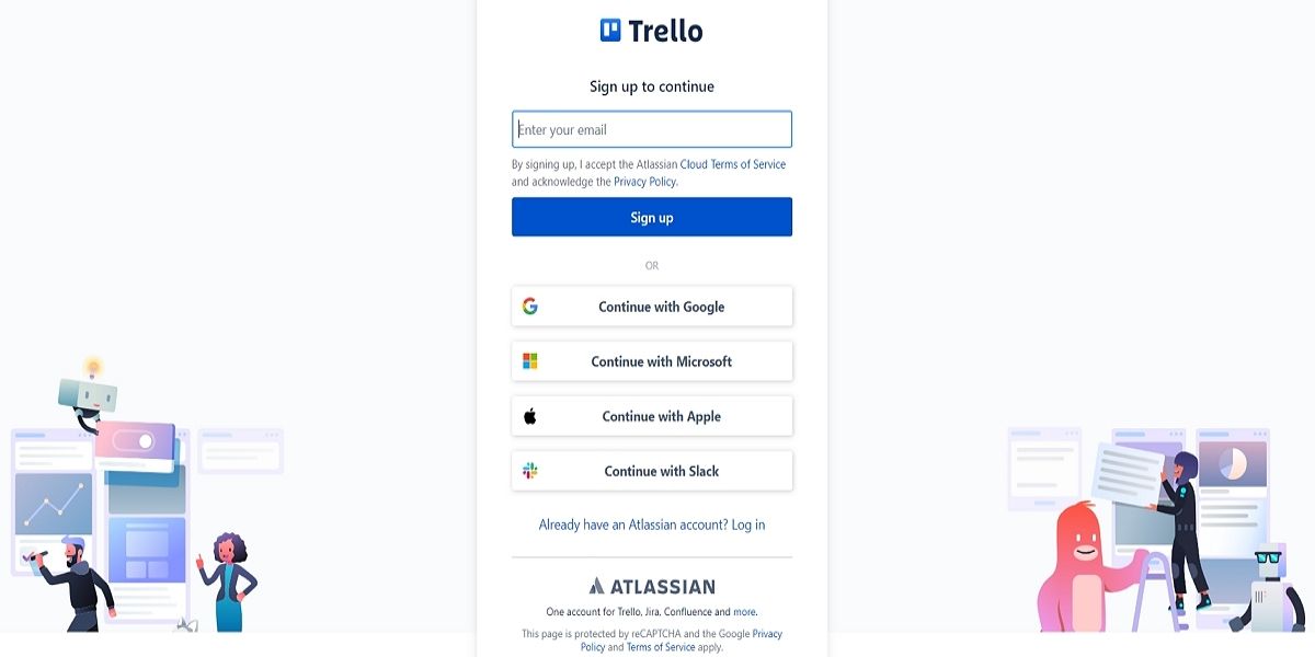 Экран регистрации Trello