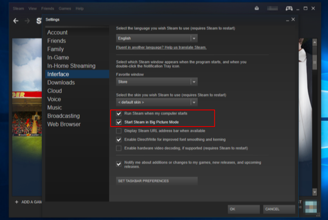 Настройки интерфейса Steam: автозапуск и запуск в Big Picture