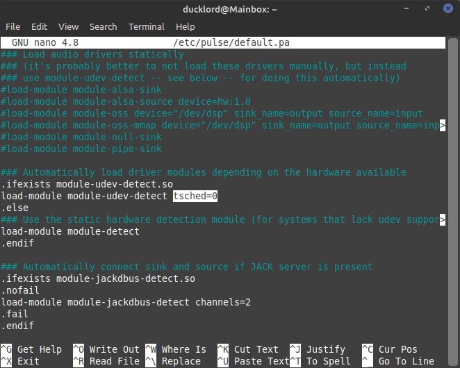 Добавление tsched=0 в строку load-module module-udev-detect
