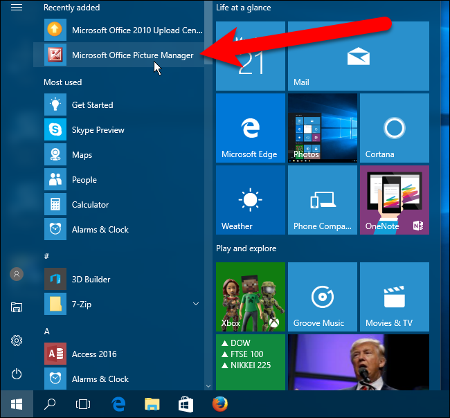 Picture Manager в списке недавно добавленных меню Пуск