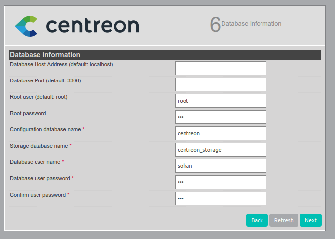 Детали базы данных для Centreon