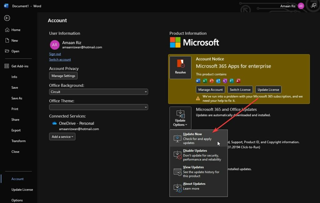 Bouton Mettre à jour maintenant visible dans l'écran Compte d'Office