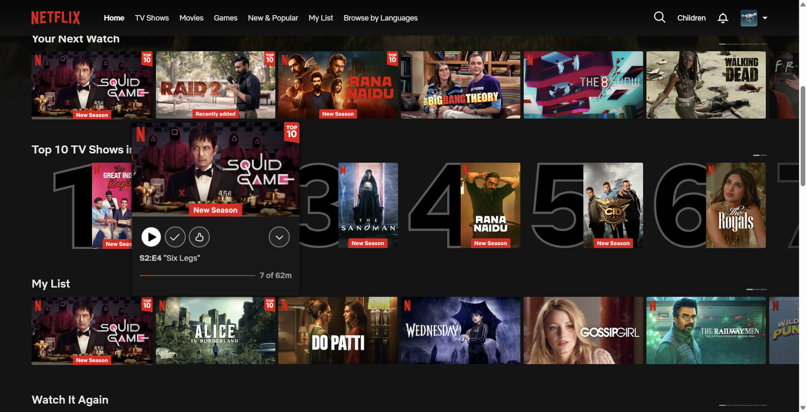 The Netflix homepage displays movies and shows