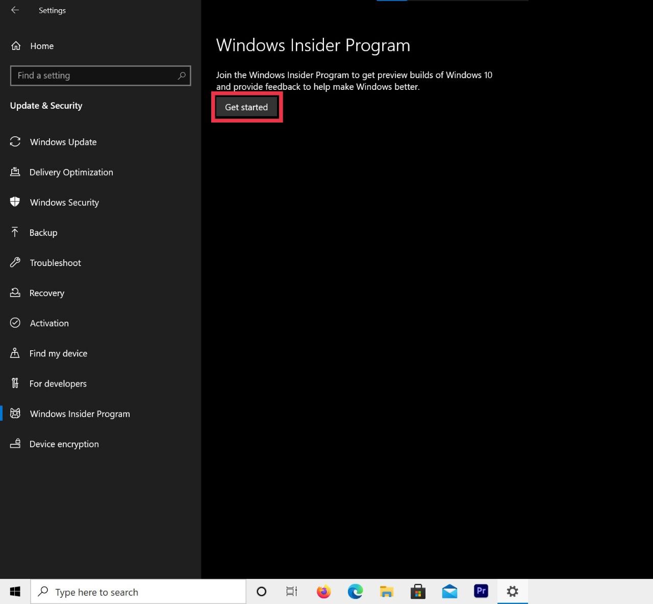 Кнопка начать в Windows Insider