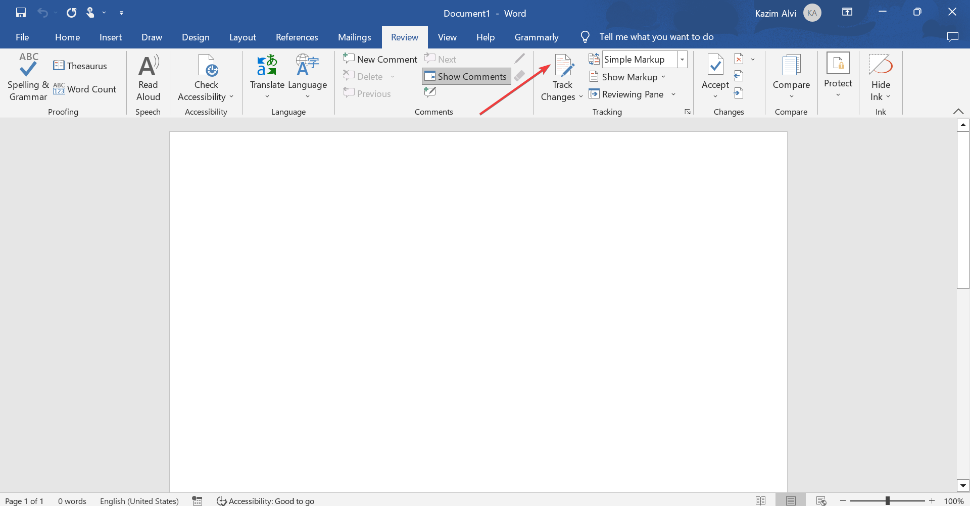 Кнопка «Отслеживание изменений» на ленте Microsoft Word