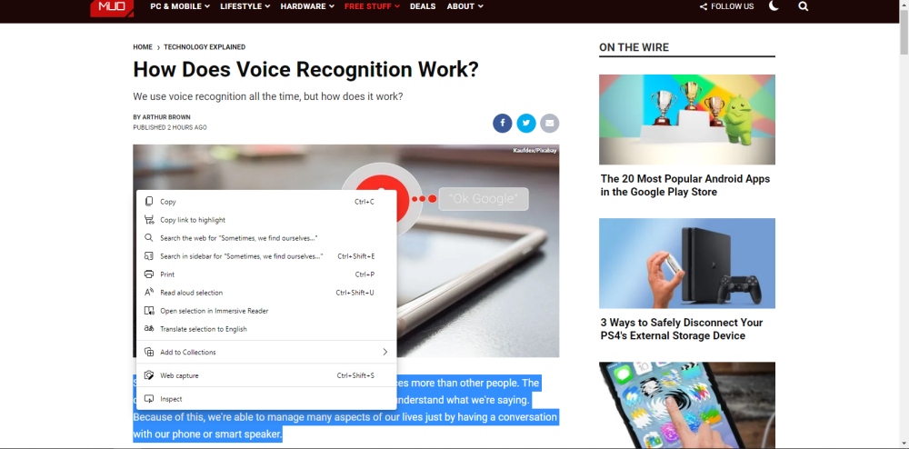 Чтение выбранного текста на странице