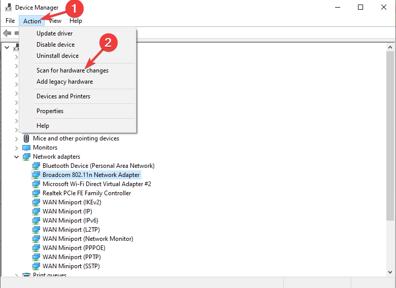 Кнопка поиска изменений конфигурации оборудования в Диспетчере устройств