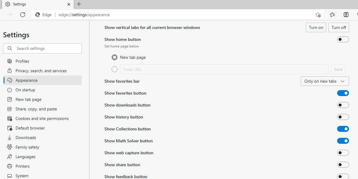 внешний вид Microsoft Edge