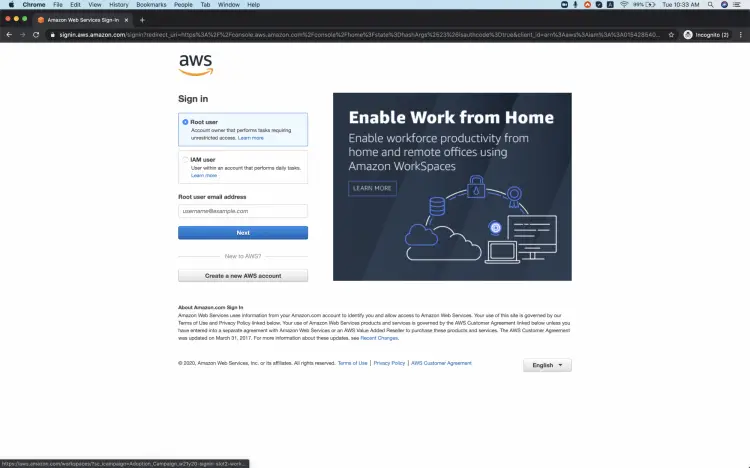 Страница входа в AWS — форма авторизации