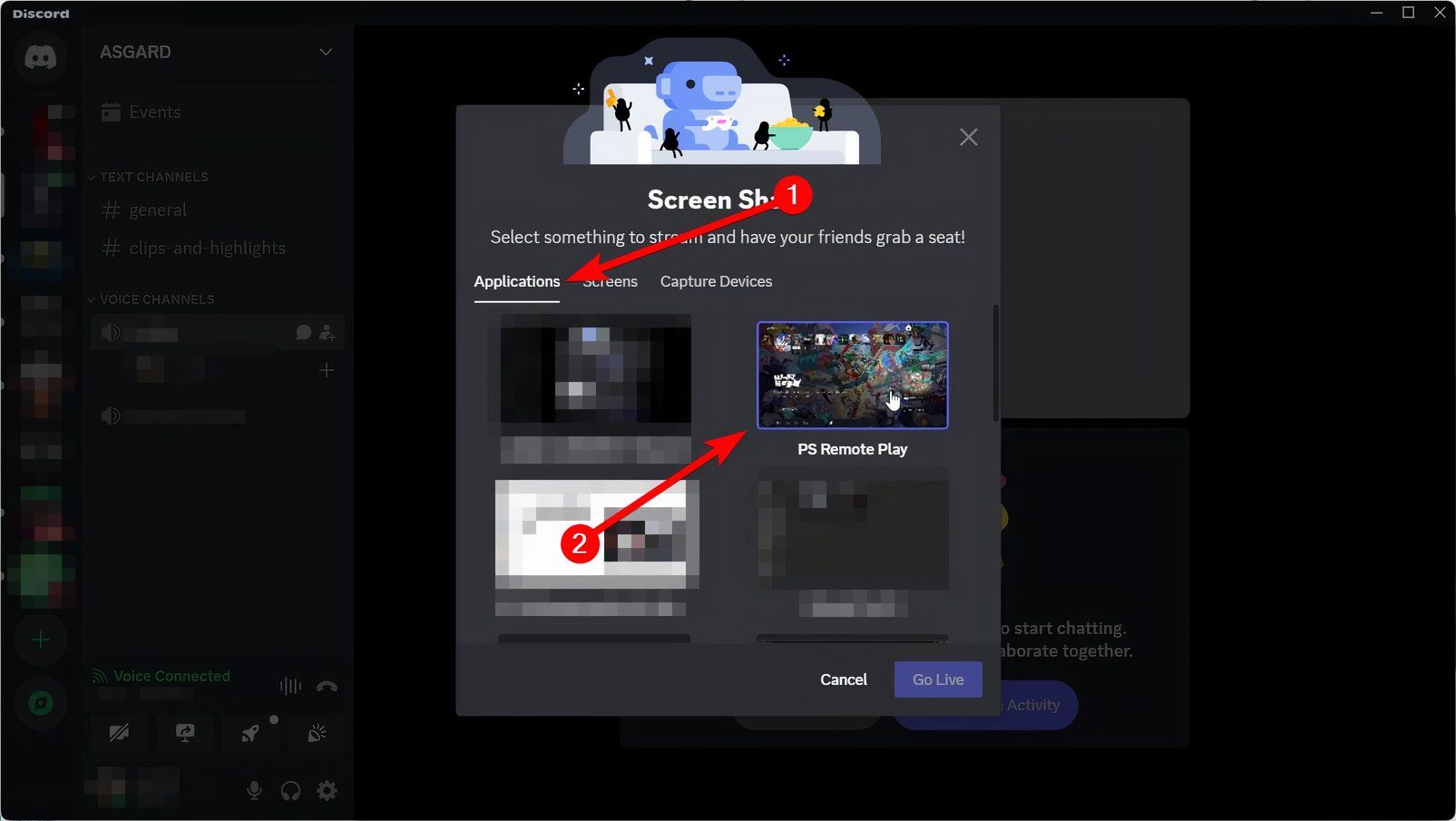 Выбор окна приложения PS Remote Play для трансляции в Discord.